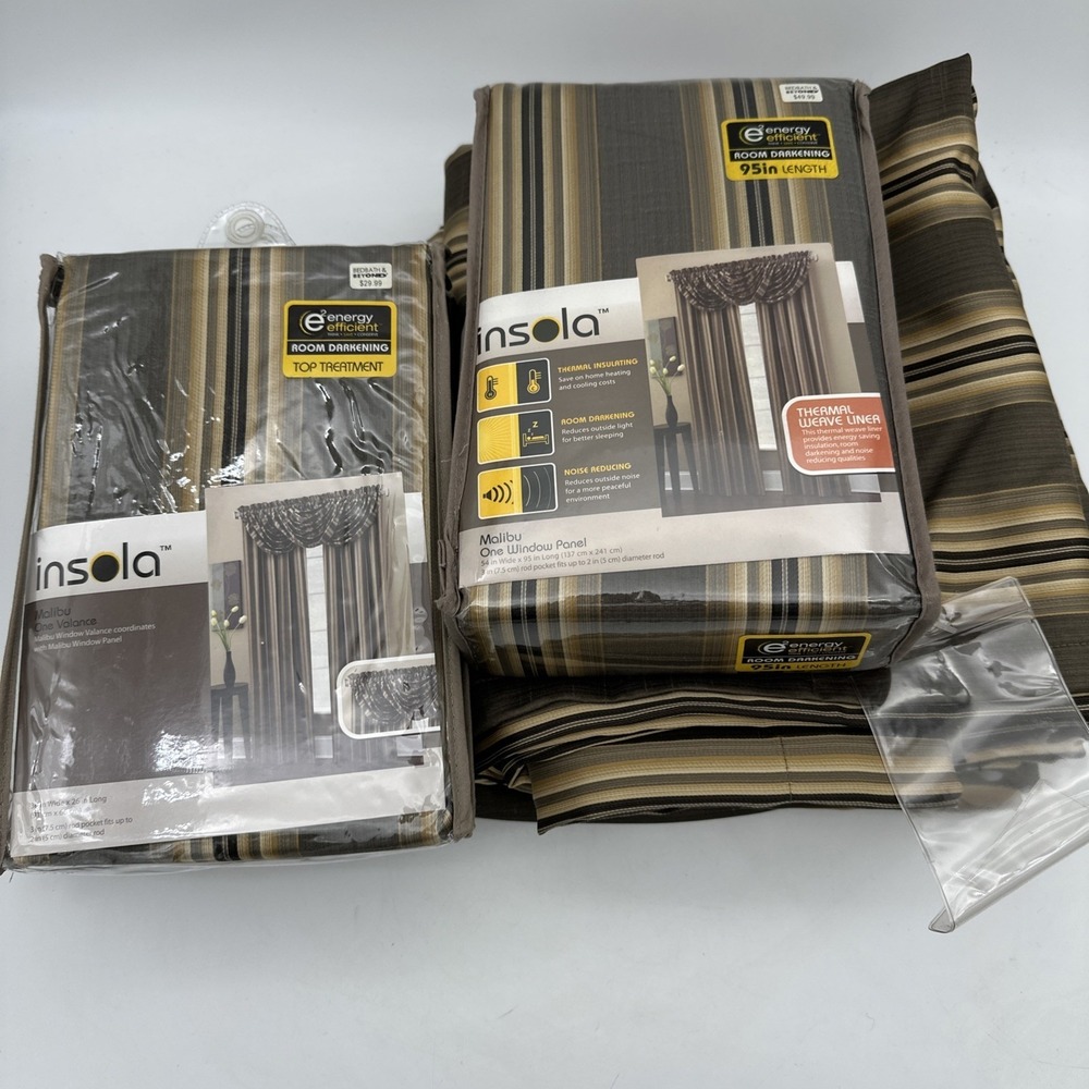 Insola Malibu Espresso Stripe Curtain Panels 3 (95")‎ & 5 Valance - NEW